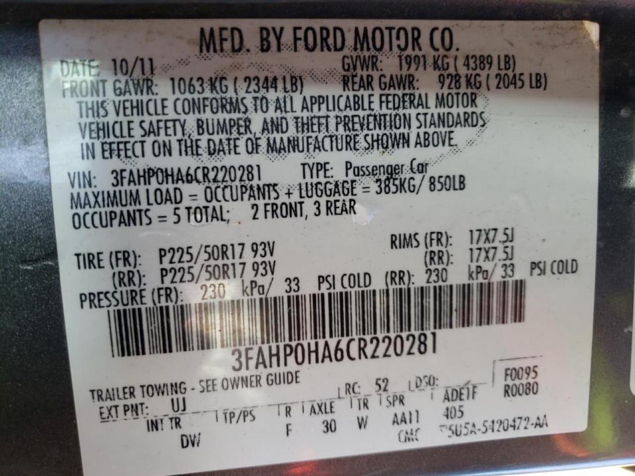 Photo 10 from auction – 2012 FORD FUSION SE with VIN 3FAHP0HA6CR220281