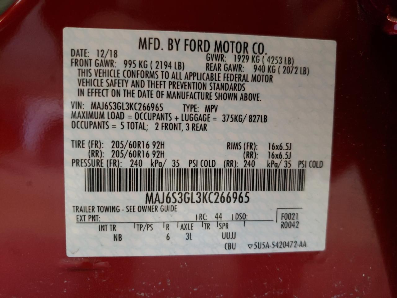 Photo 10 from auction – 2019 FORD ECOSPORT S with VIN MAJ6S3GL3KC266965
