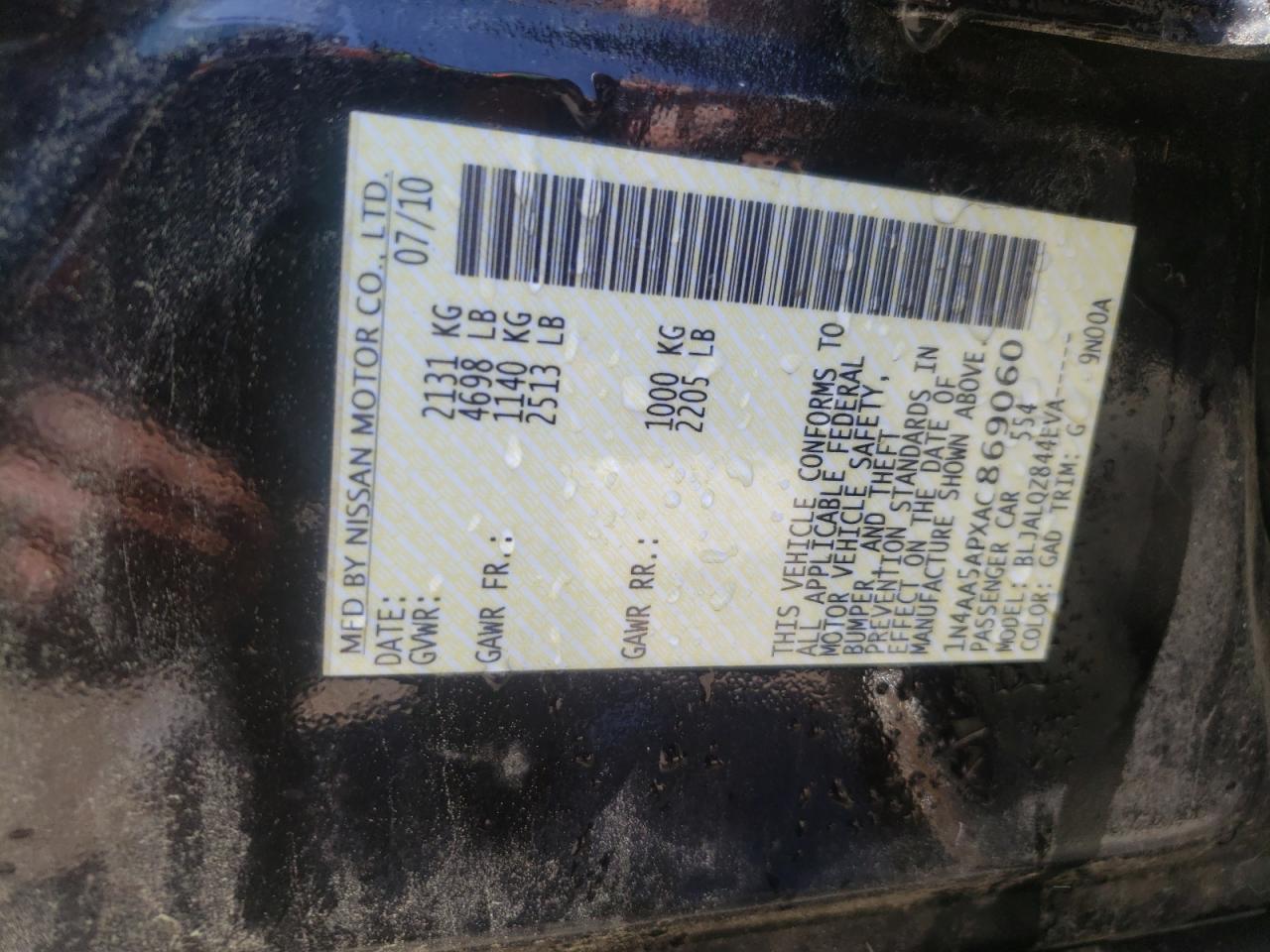 Photo 10 from auction – 2010 NISSAN MAXIMA S with VIN 1N4AA5APXAC869060