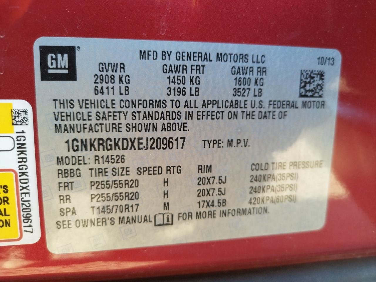 Photo 10 from auction – 2014 CHEVROLET TRAVERSE L with VIN 1GNKRGKDXEJ209617