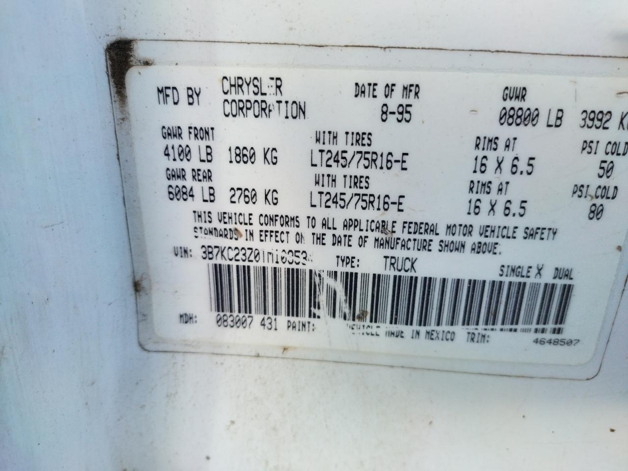 Photo 10 from auction – 1996 DODGE RAM 2500 with VIN 3B7KC23Z0TM109534