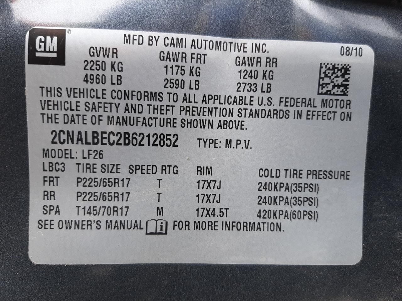 Photo 10 from auction – 2011 CHEVROLET EQUINOX LS with VIN 2CNALBEC2B6212852