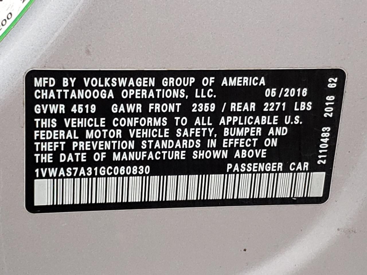Photo 10 from auction – 2016 VOLKSWAGEN PASSAT S with VIN 1VWAS7A31GC060830