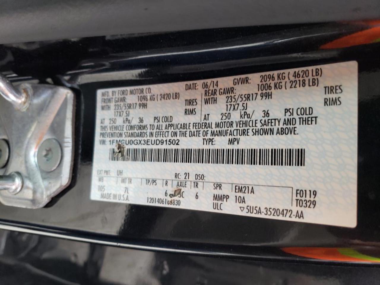 Photo 10 from auction – 2014 FORD ESCAPE SE with VIN 1FMCU0GX3EUD91502