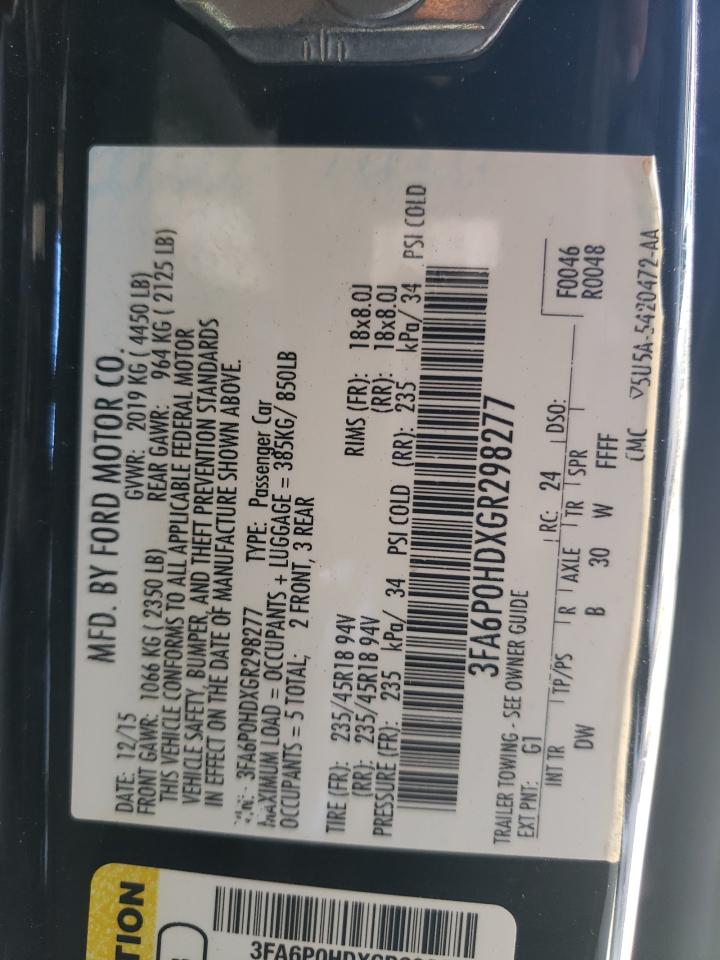 Photo 10 from auction – 2016 FORD FUSION SE with VIN 3FA6P0HDXGR298277