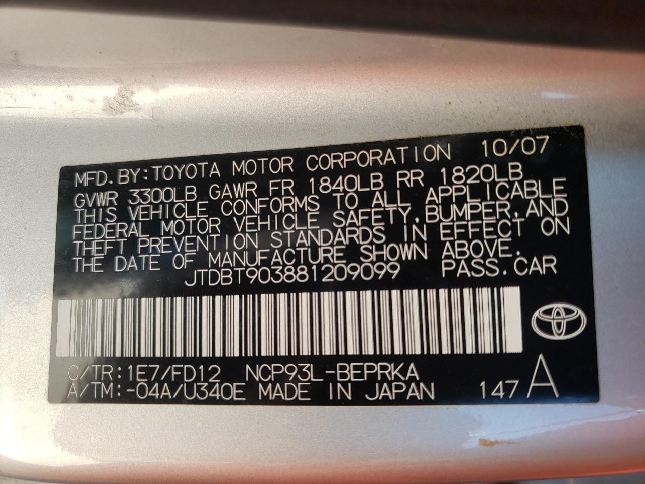 Photo 10 from auction – 2008 TOYOTA YARIS with VIN JTDBT903881209099