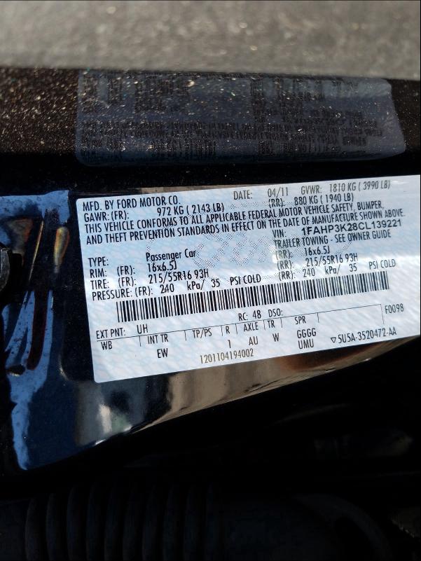 Photo 10 from auction – 2012 FORD FOCUS SE with VIN 1FAHP3K28CL139221