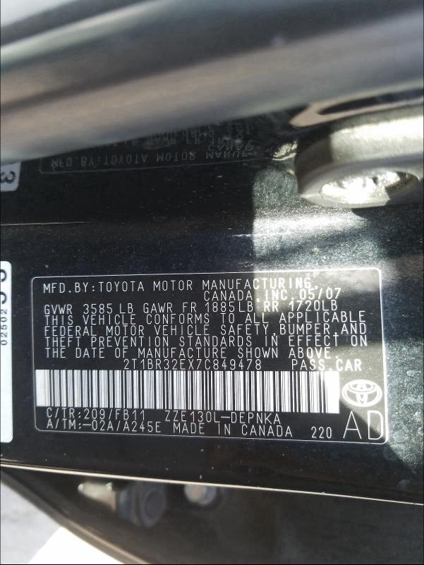 Photo 10 from auction – 2007 TOYOTA COROLLA CE with VIN 2T1BR32EX7C849478