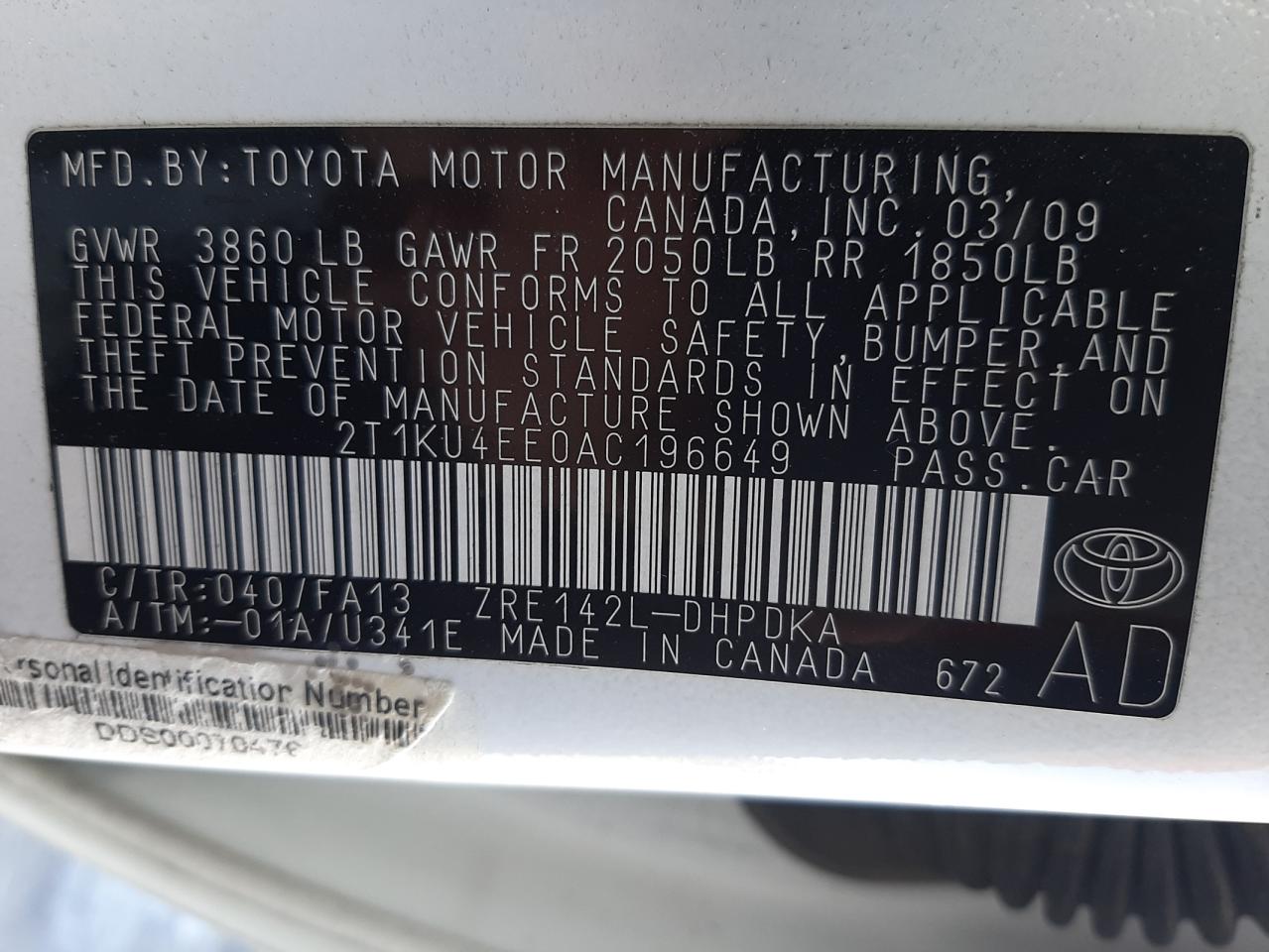 Photo 10 from auction – 2010 TOYOTA MATRX with VIN 2T1KU4EE0AC196649
