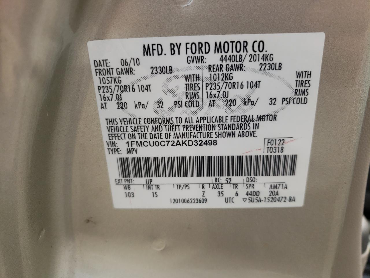 Photo 10 from auction – 2010 FORD ESCAPE XLS with VIN 1FMCU0C72AKD32498