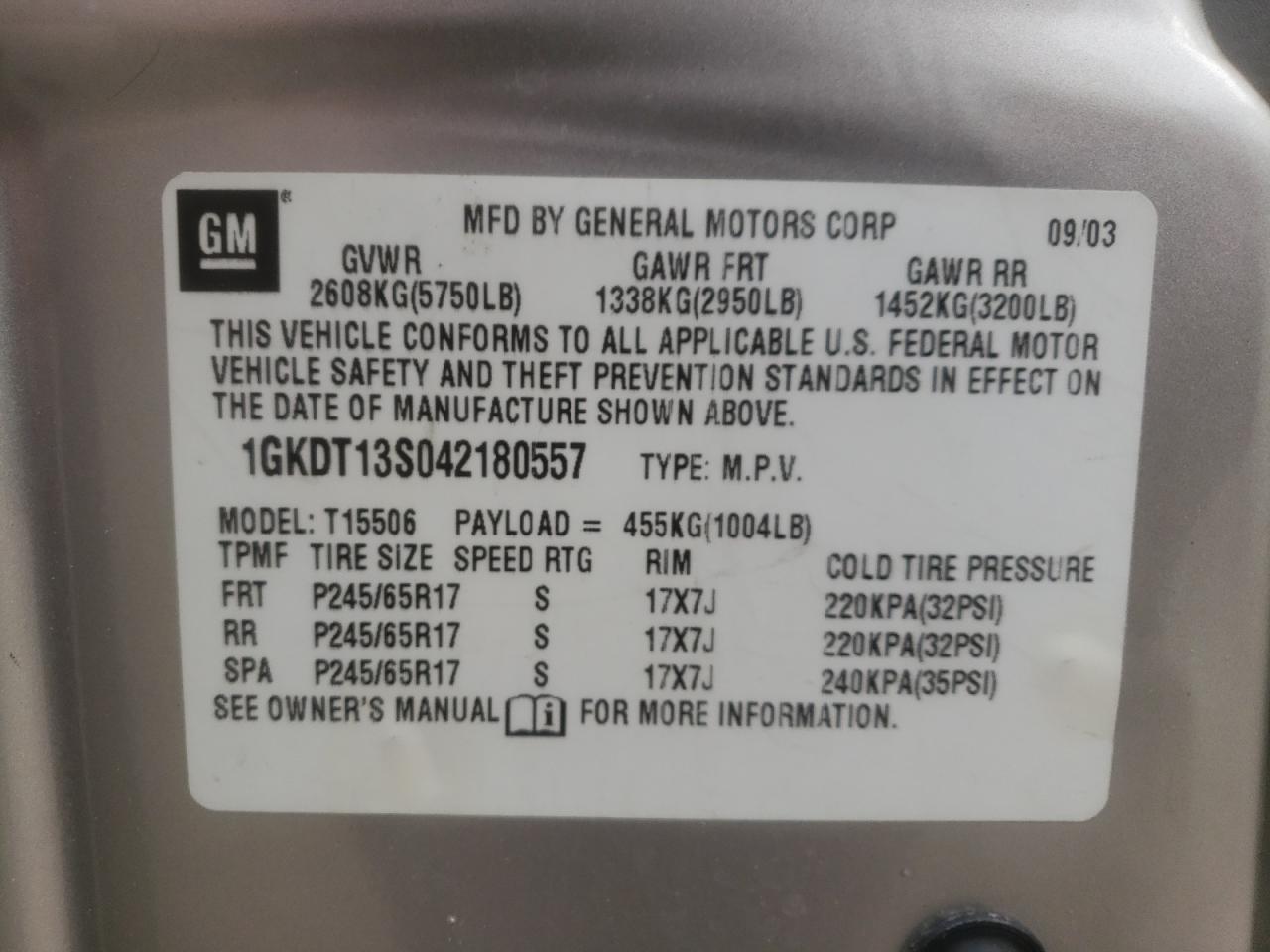 Photo 10 from auction – 2004 GMC ENVOY with VIN 1GKDT13S042180557