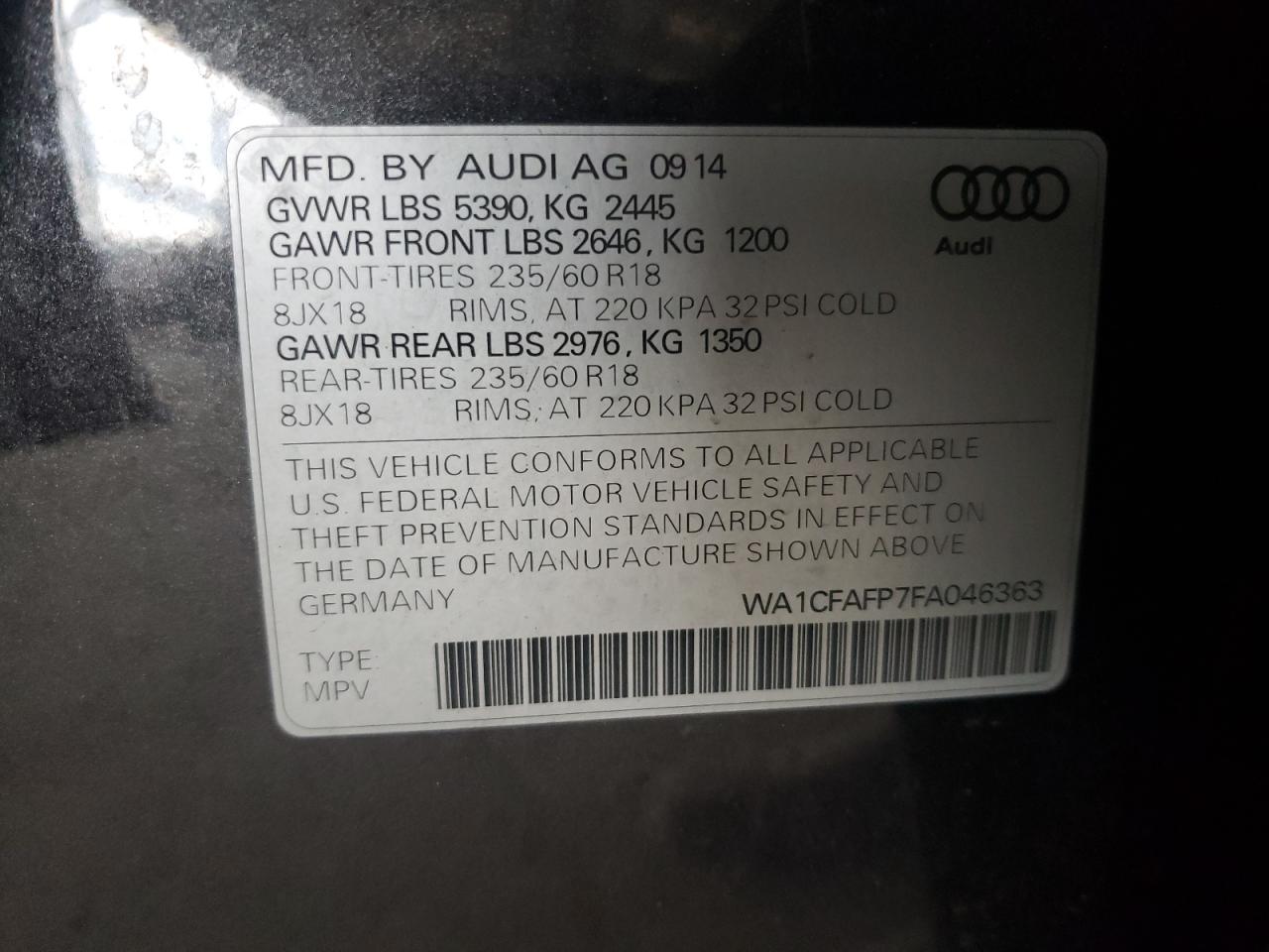 Photo 10 from auction – 2015 AUDI Q5 PREMIUM with VIN WA1CFAFP7FA046363
