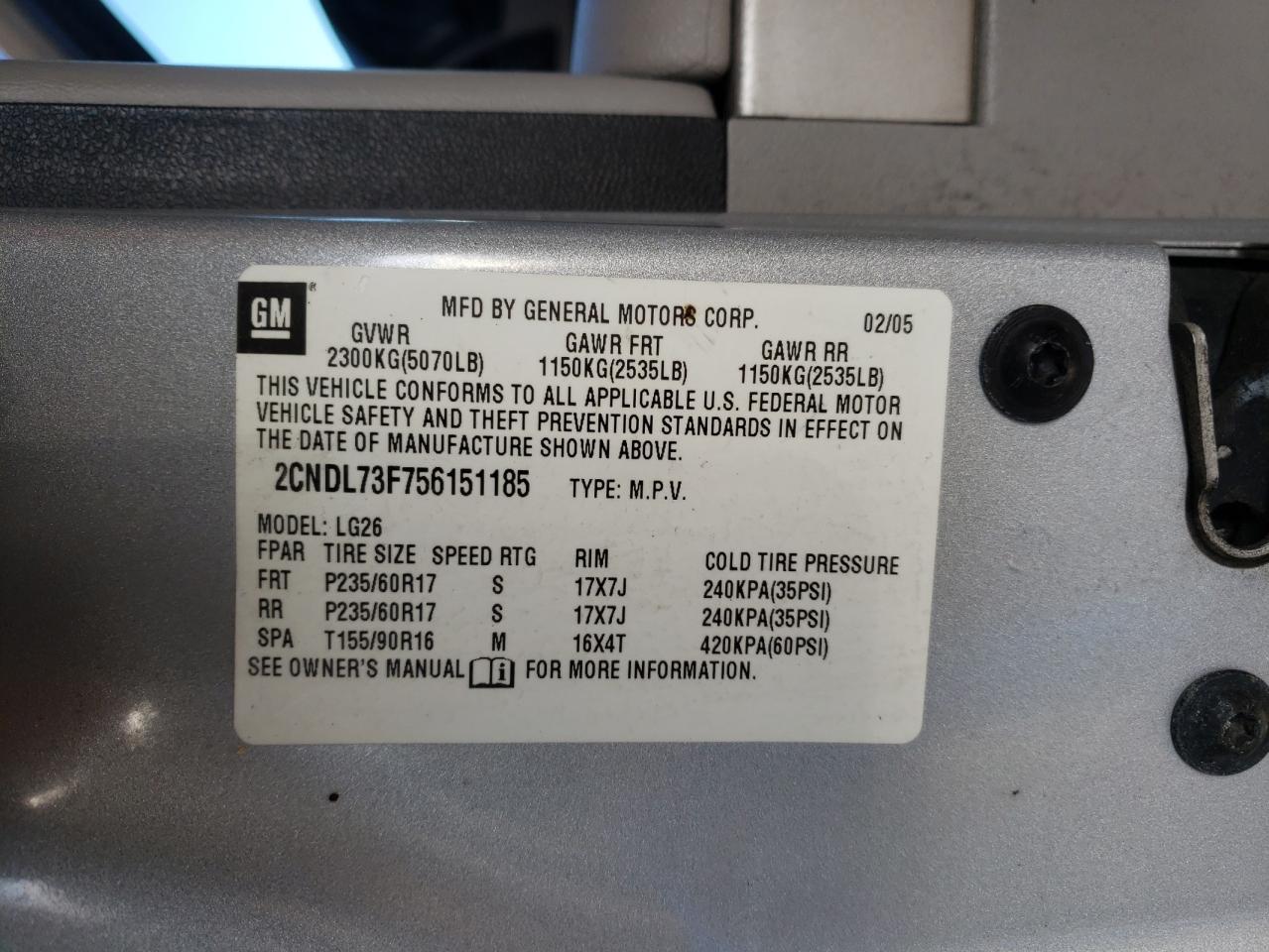Photo 10 from auction – 2005 CHEVROLET EQUINOX LT with VIN 2CNDL73F756151185