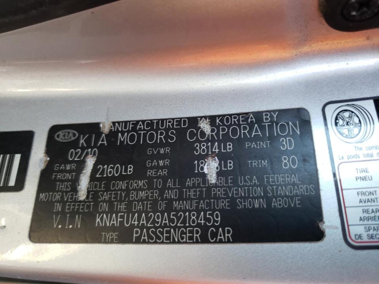 Photo 10 from auction – 2010 KIA FORTE EX with VIN KNAFU4A29A5218459