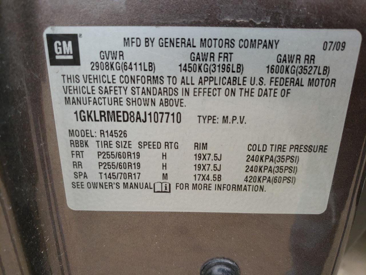 Photo 10 from auction – 2010 GMC ACADIA SLT with VIN 1GKLRMED8AJ107710