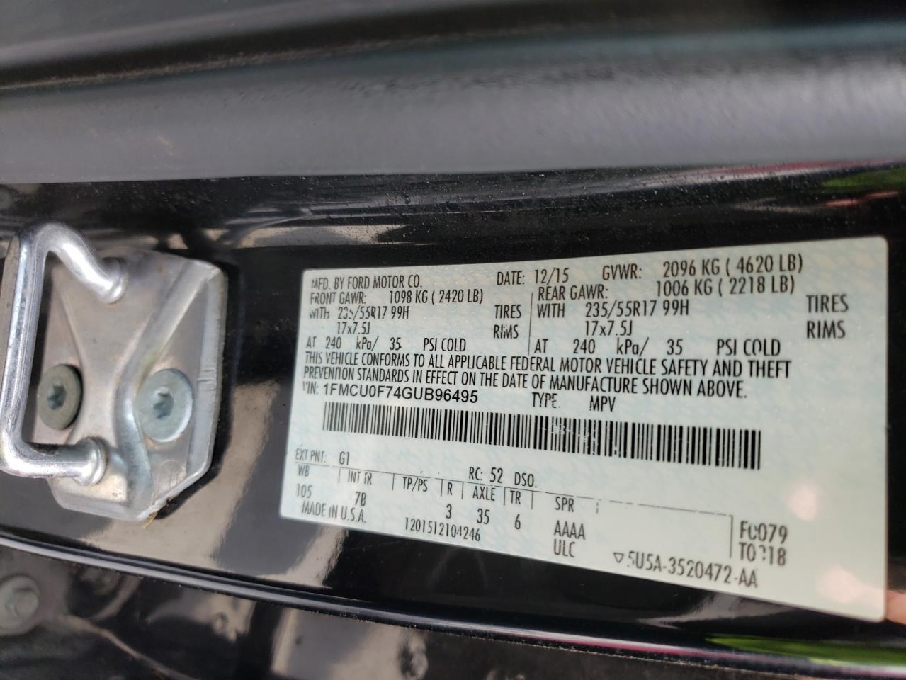 Photo 10 from auction – 2016 FORD ESCAPE S with VIN 1FMCU0F74GUB96495