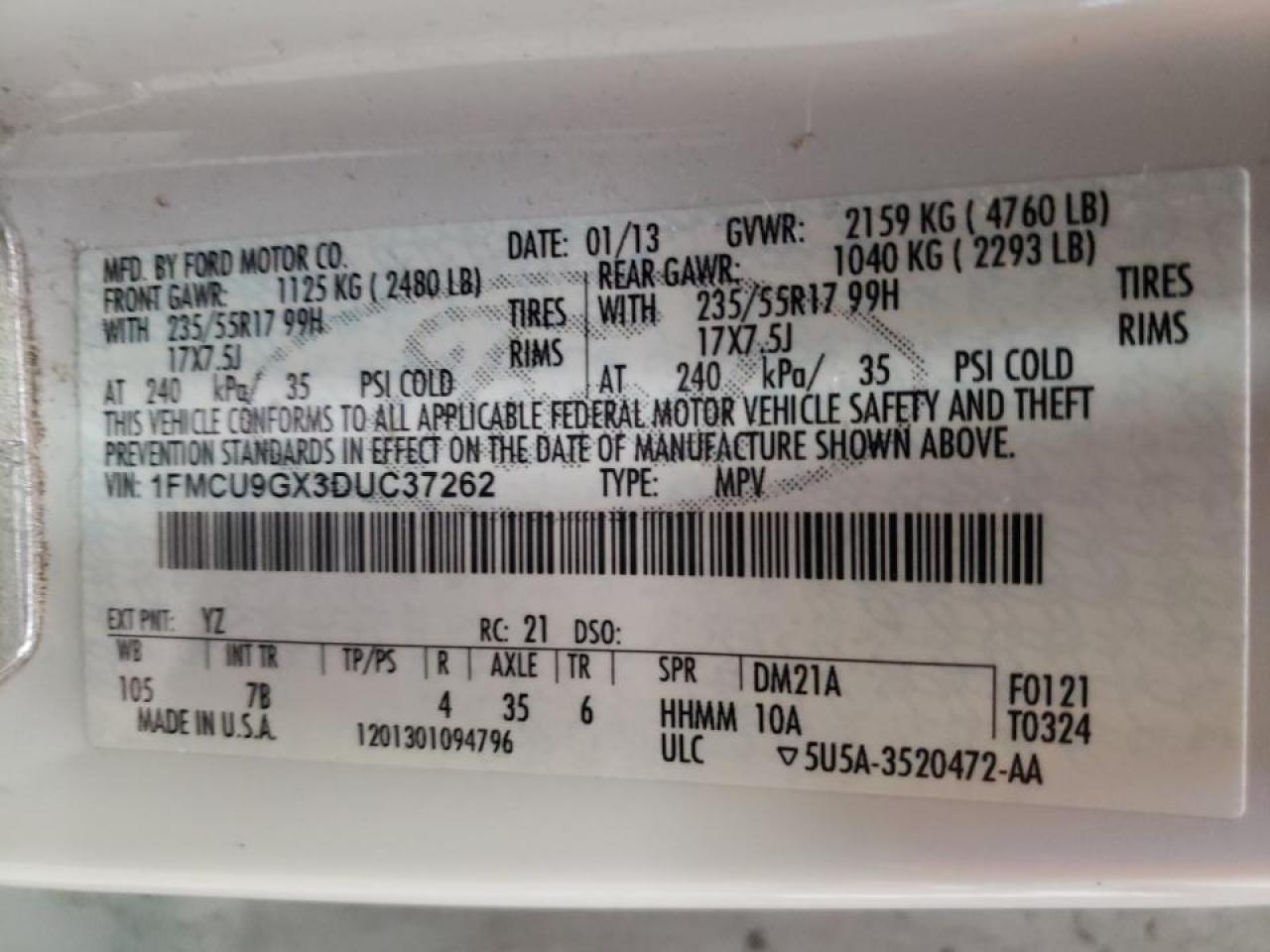 Photo 10 from auction – 2013 FORD ESCAPE SE with VIN 1FMCU9GX3DUC37262