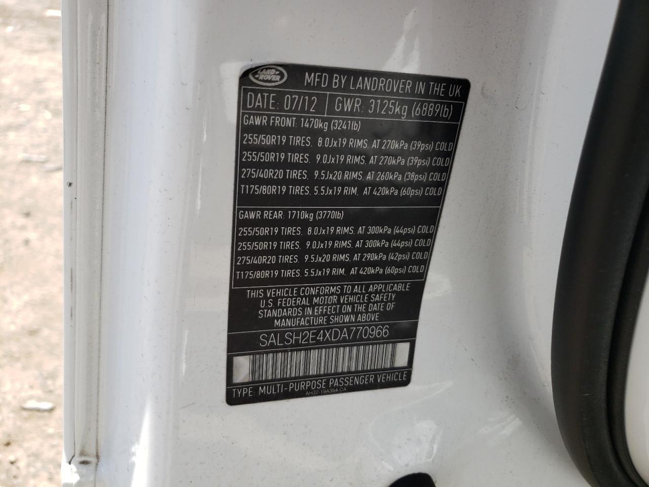 Photo 10 from auction – 2013 LAND ROVER RANGE ROVE with VIN SALSH2E4XDA770966