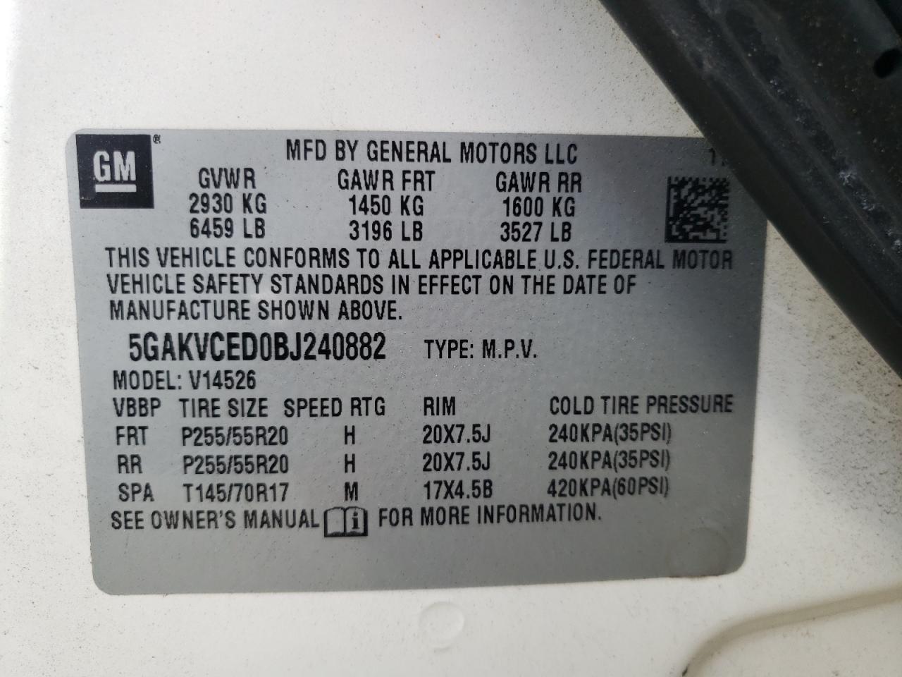 Photo 10 from auction – 2011 BUICK ENCLAVE CX with VIN 5GAKVCED0BJ240882