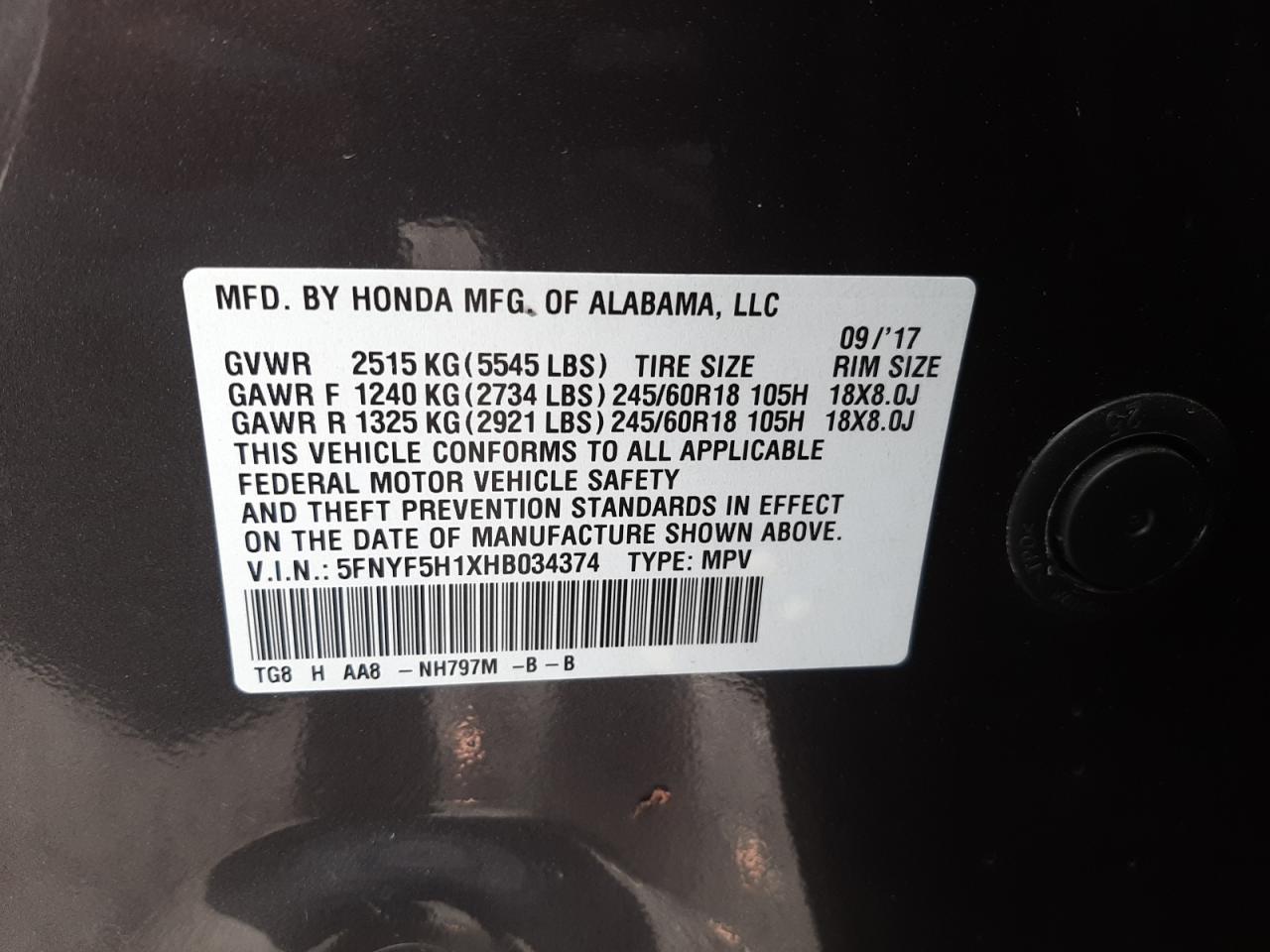 Photo 10 from auction – 2017 HONDA PILOT LX with VIN 5FNYF5H1XHB034374