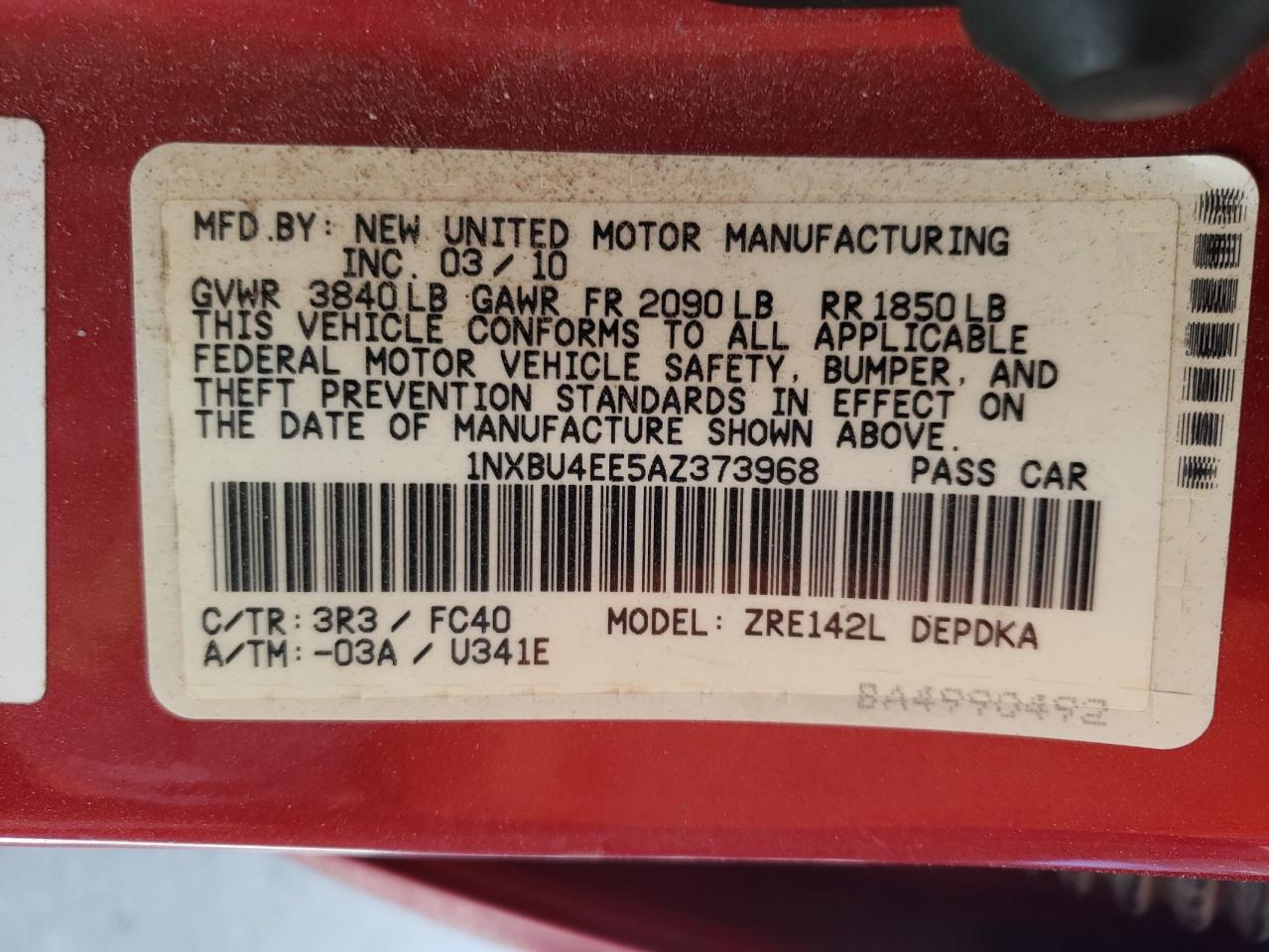 Photo 10 from auction – 2010 TOYOTA COROLLA BA with VIN 1NXBU4EE5AZ373968