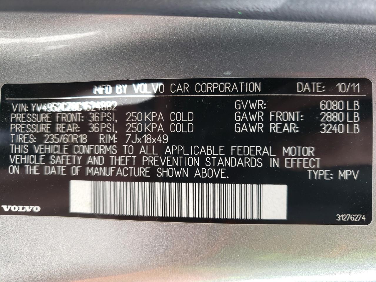 Photo 10 from auction – 2012 VOLVO XC90 3.2 with VIN YV4952CZ8C1624882