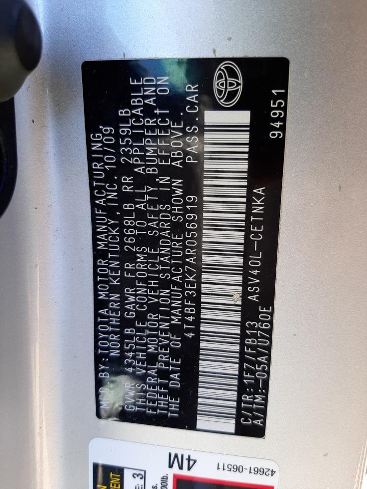 Photo 10 from auction – 2010 TOYOTA CAMRY BASE with VIN 4T4BF3EK7AR056919