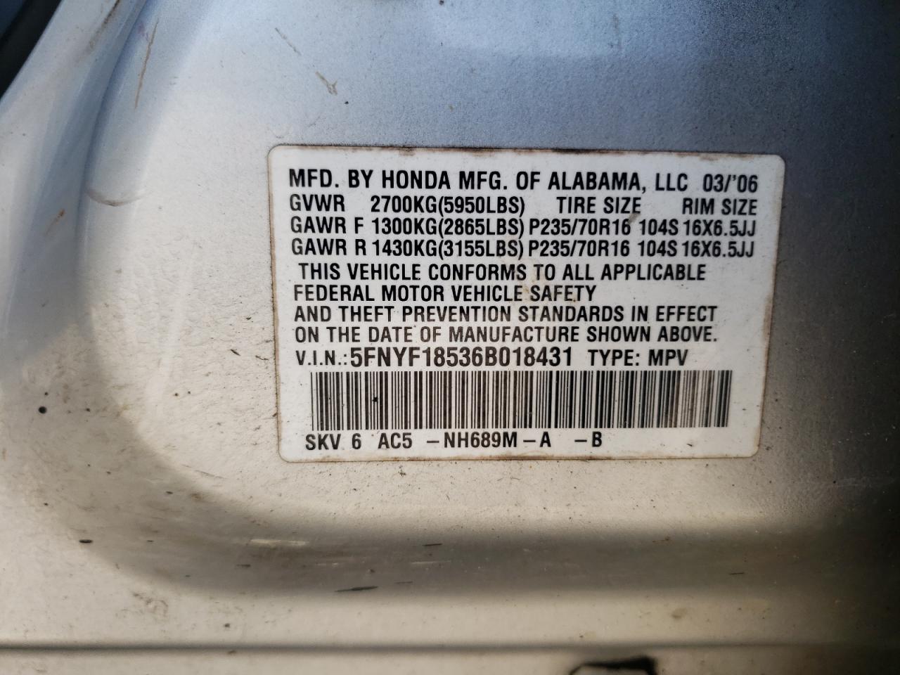 Photo 10 from auction – 2006 HONDA PILOT EX with VIN 5FNYF18536B018431