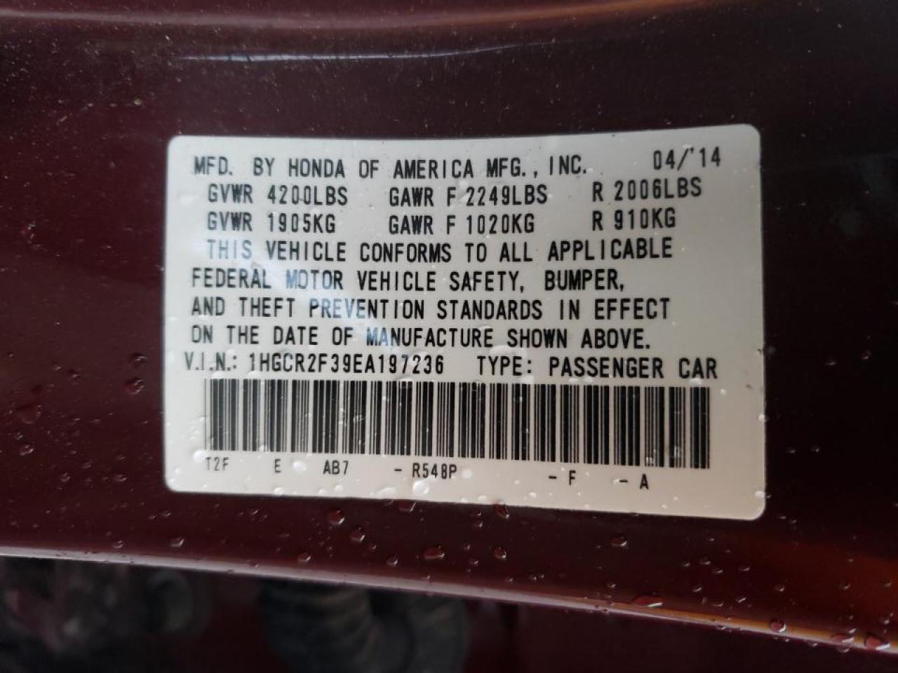 Photo 10 from auction – 2014 HONDA ACCORD LX with VIN 1HGCR2F39EA197236