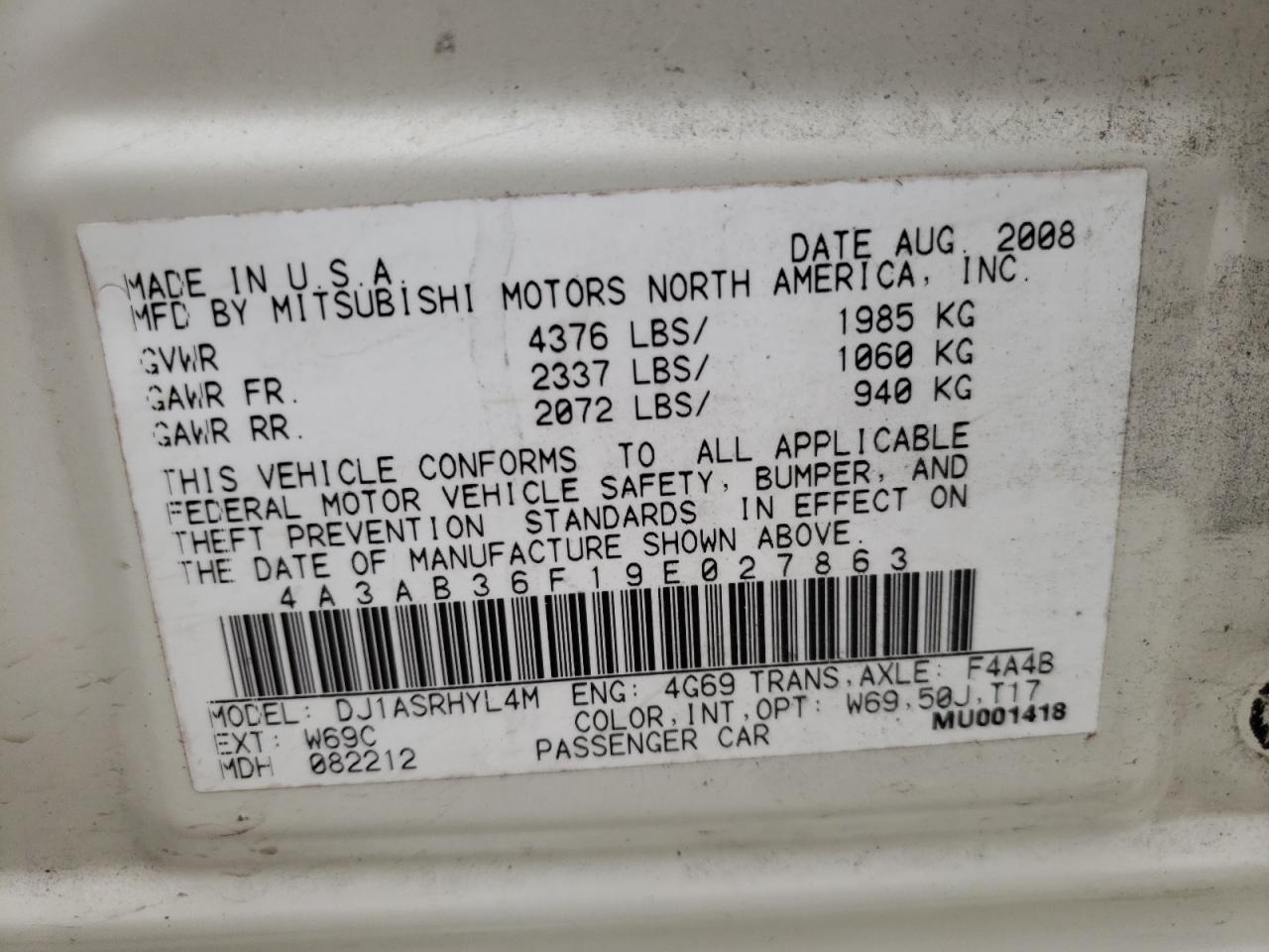 Photo 10 from auction – 2009 MITSUBISHI GALANT ES with VIN 4A3AB36F19E027863