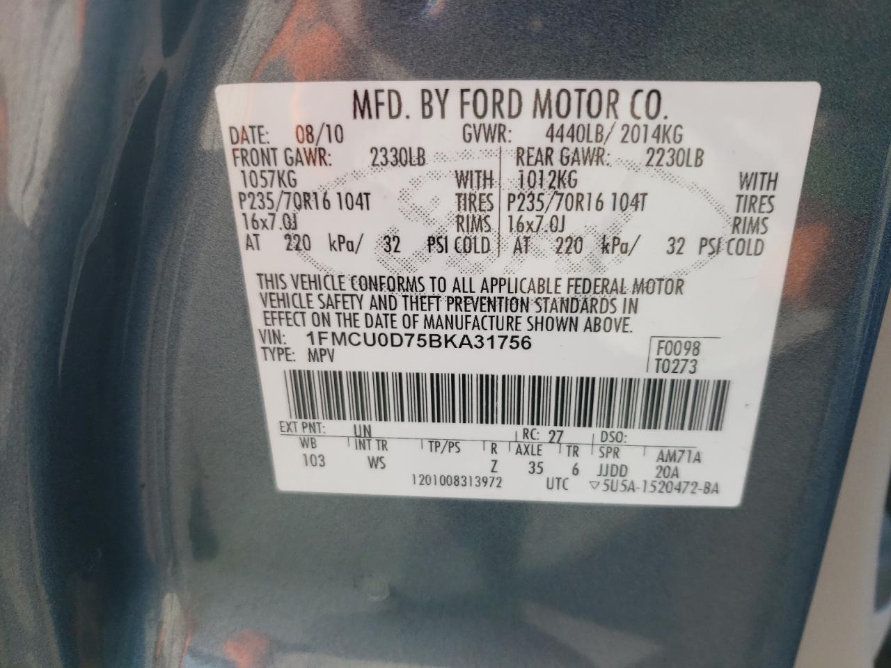 Photo 10 from auction – 2011 FORD ESCAPE XLT with VIN 1FMCU0D75BKA31756