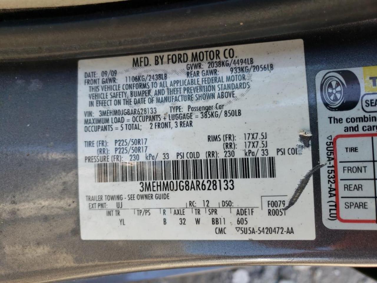 Photo 10 from auction – 2010 MERCURY MILAN PREM with VIN 3MEHM0JG8AR628133