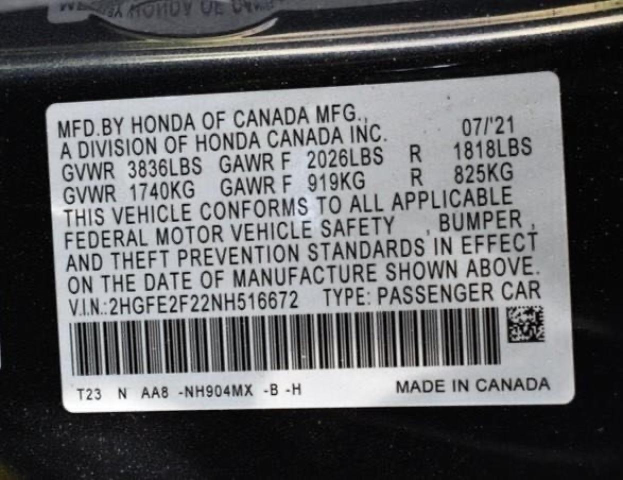 Photo 10 from auction – 2022 HONDA CIVIC LX with VIN 2HGFE2F22NH516672