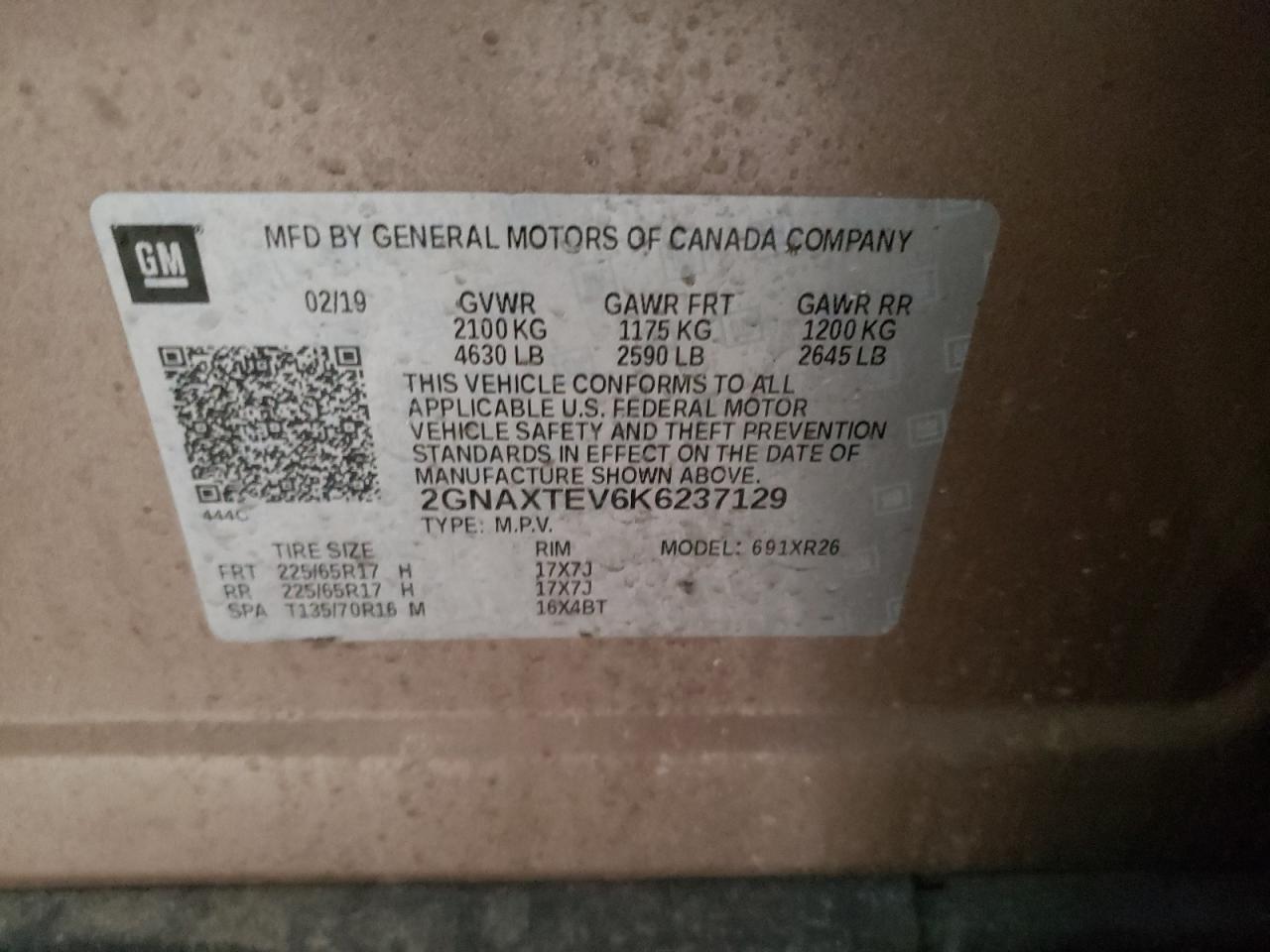 Photo 10 from auction – 2019 CHEVROLET EQUINOX LT with VIN 2GNAXTEV6K6237129