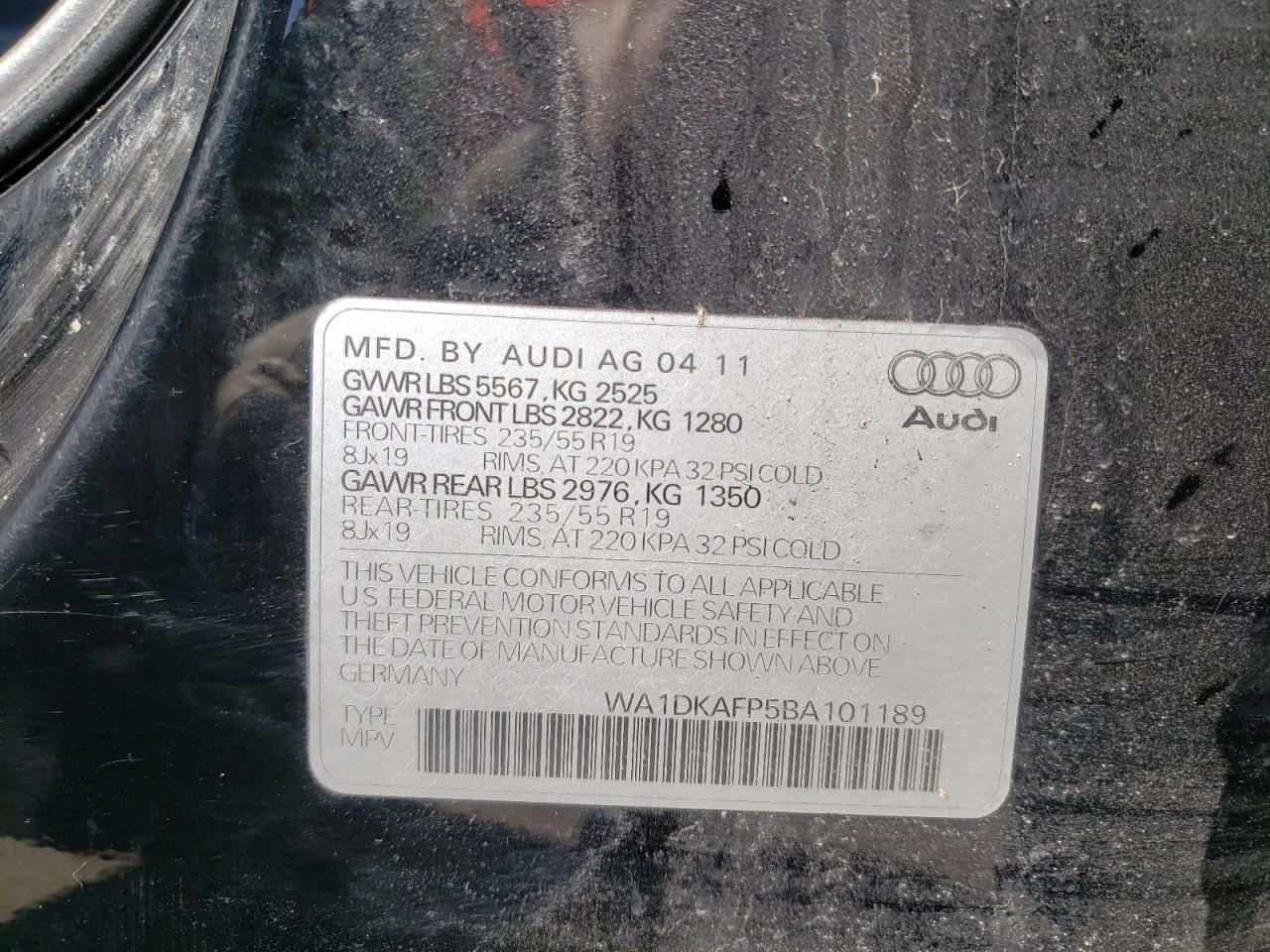 Photo 10 from auction – 2011 AUDI Q5 PREMIUM with VIN WA1DKAFP5BA101189