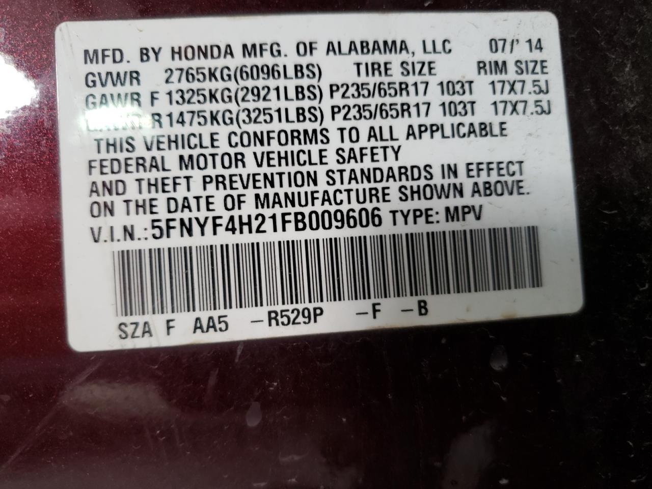 Photo 10 from auction – 2015 HONDA PILOT LX with VIN 5FNYF4H21FB009606