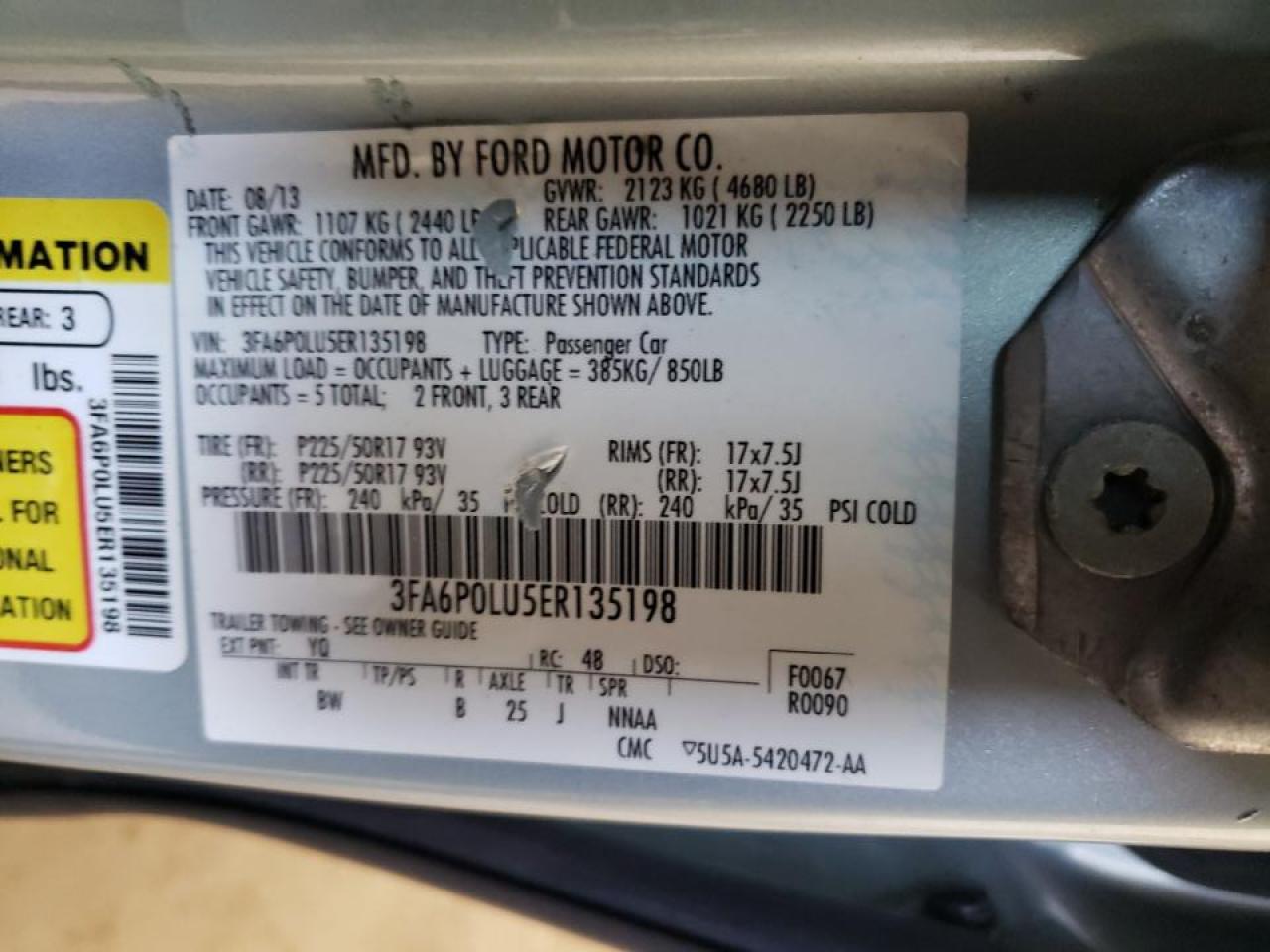 Photo 10 from auction – 2014 FORD FUSION SE with VIN 3FA6P0LU5ER135198