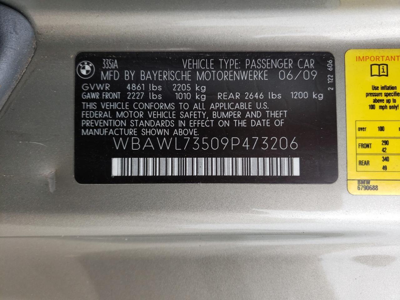 Photo 10 from auction – 2009 BMW 335 I with VIN WBAWL73509P473206