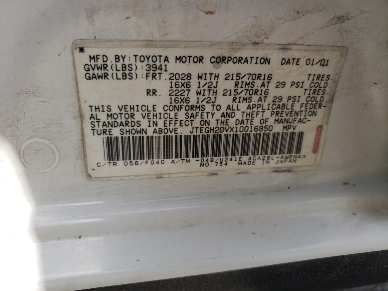 Photo 10 from auction – 2001 TOYOTA RAV4 with VIN JTEGH20VX10016850