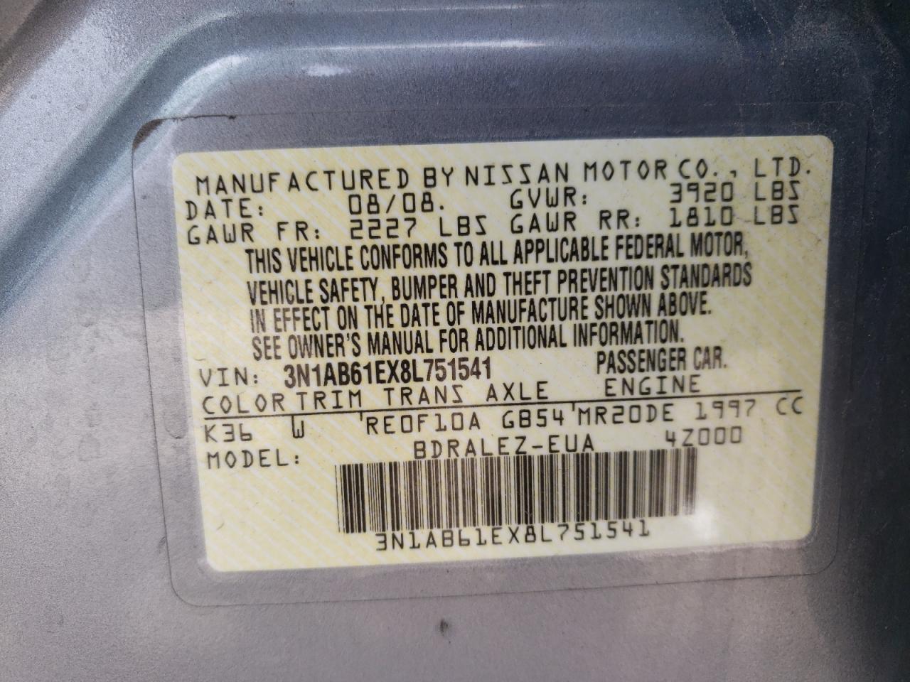 Photo 10 from auction – 2008 NISSAN SENTRA 2.0 with VIN 3N1AB61EX8L751541