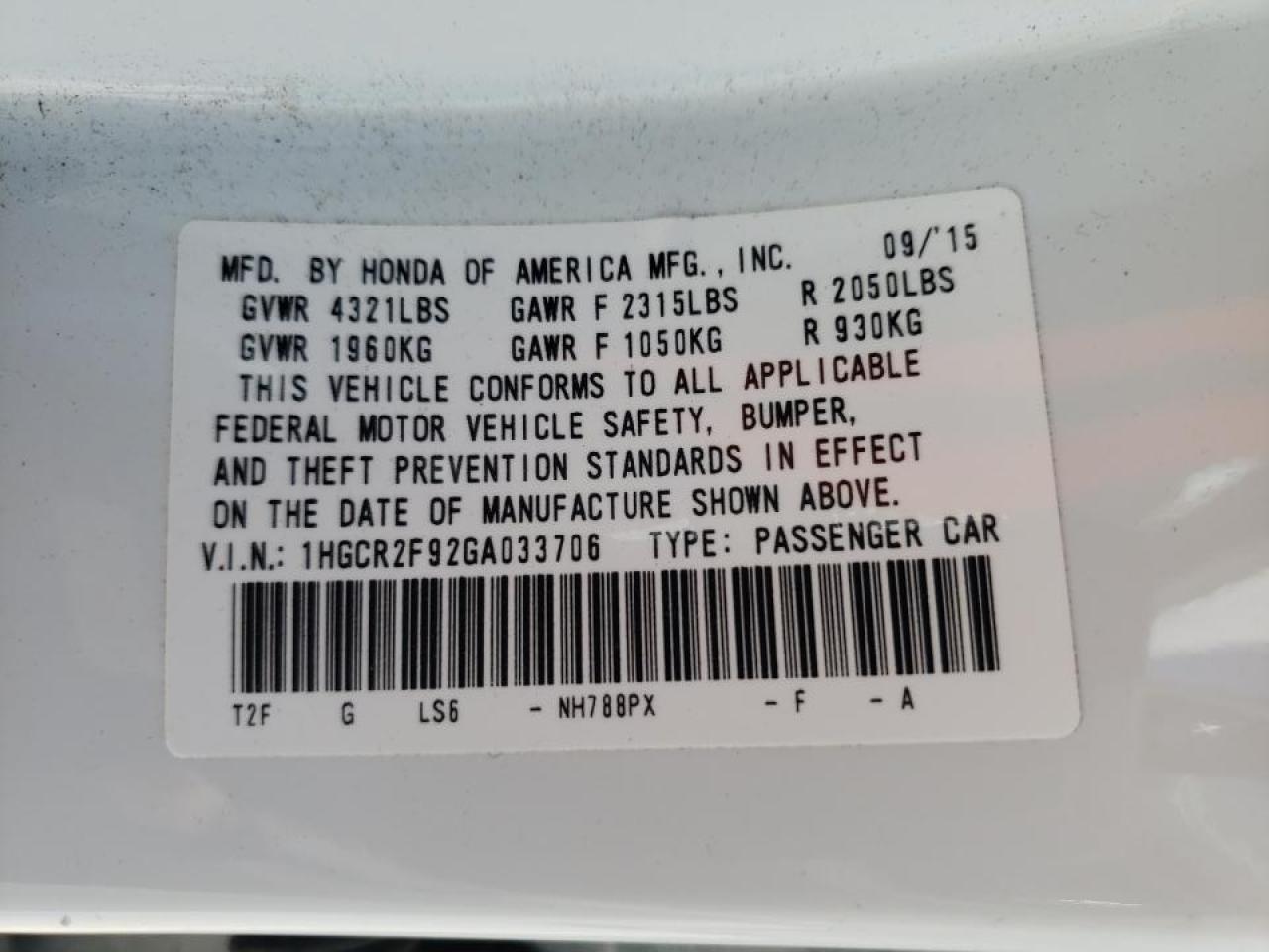 Photo 10 from auction – 2016 HONDA ACCORD EXL with VIN 1HGCR2F92GA033706