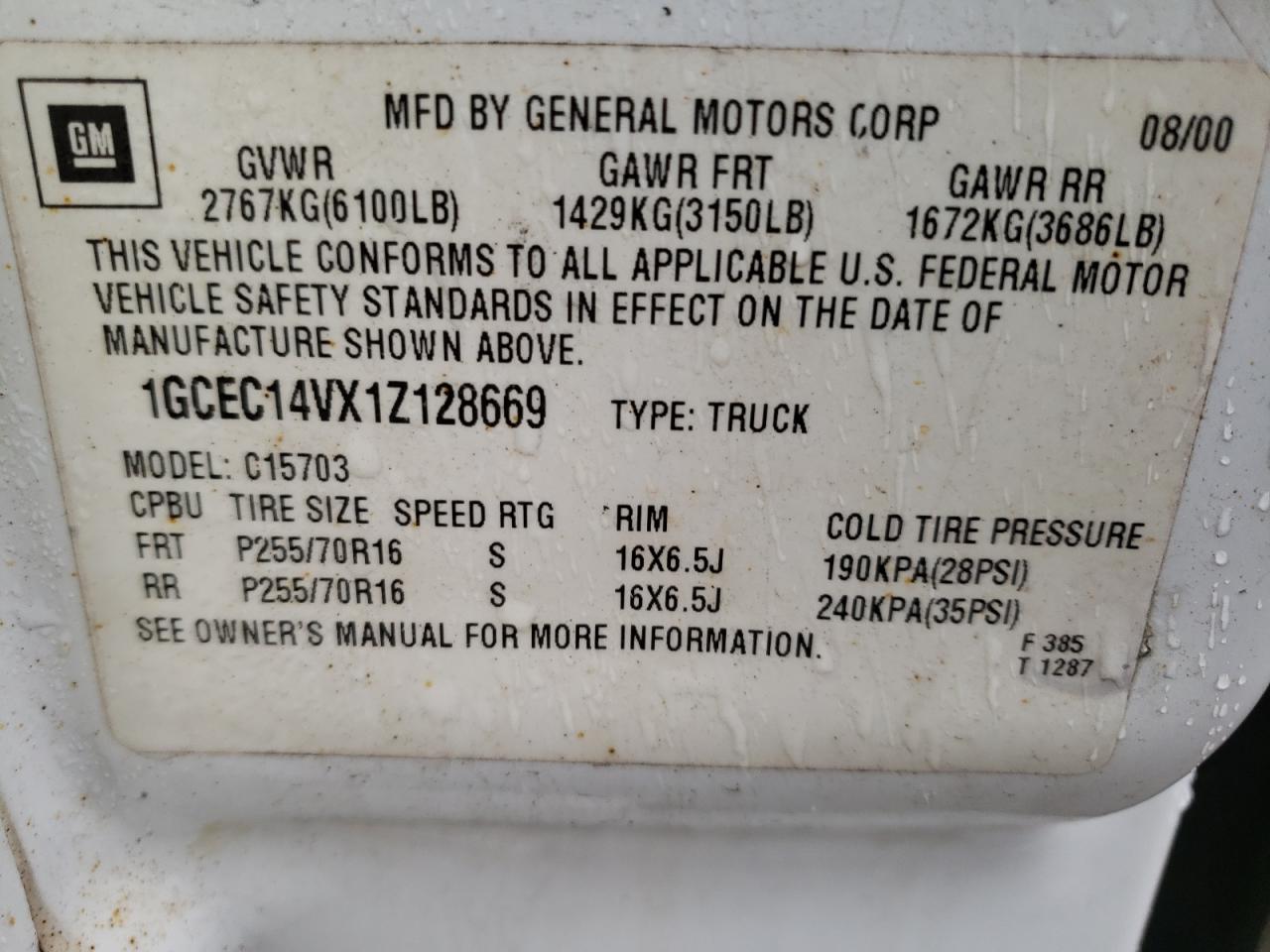 Photo 10 from auction – 2001 CHEVROLET SILVERADO with VIN 1GCEC14VX1Z128669