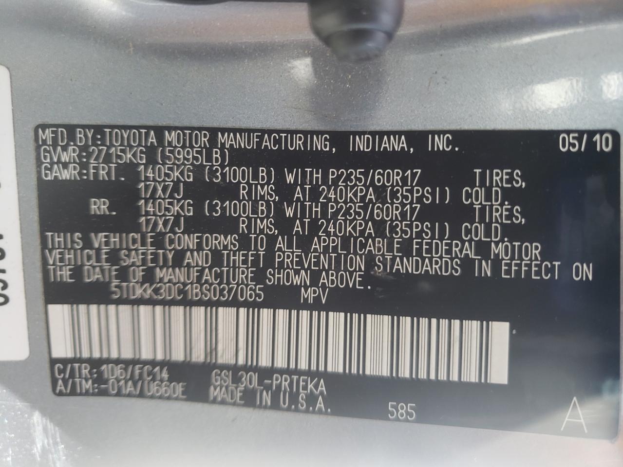 Photo 10 from auction – 2011 TOYOTA SIENNA LE with VIN 5TDKK3DC1BS037065