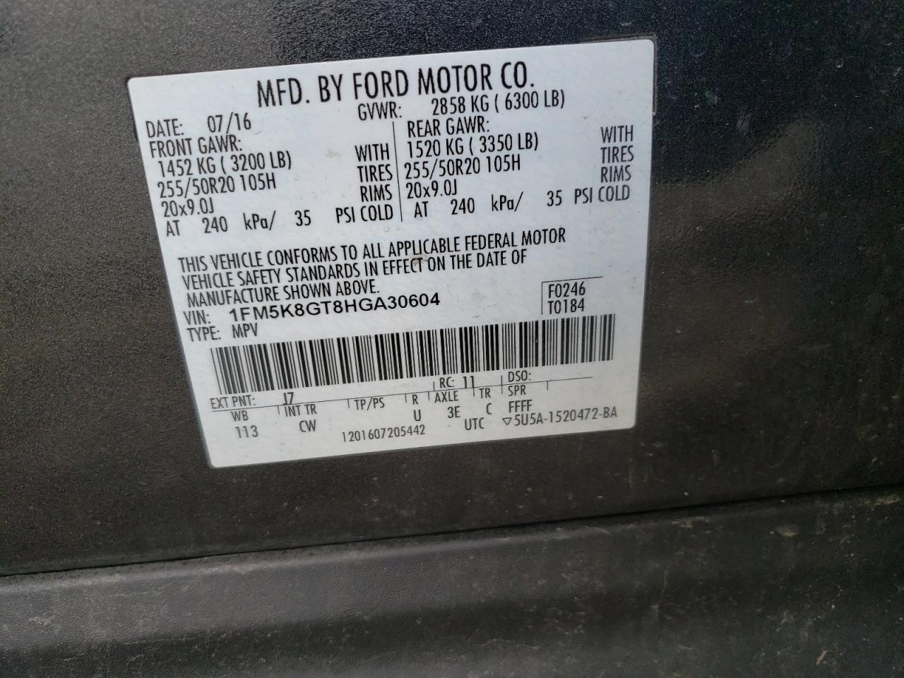 Photo 10 from auction – 2017 FORD EXPLORER S with VIN 1FM5K8GT8HGA30604