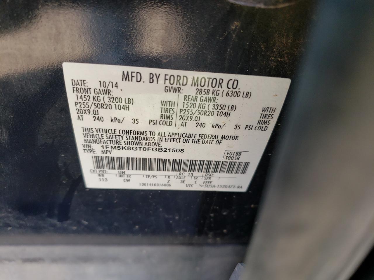 Photo 10 from auction – 2015 FORD EXPLORER S with VIN 1FM5K8GT0FGB21508