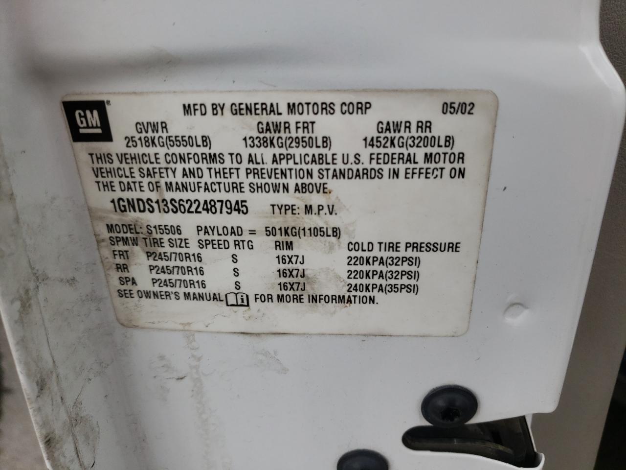 Photo 10 from auction – 2002 CHEVROLET TRAILBLAZE with VIN 1GNDS13S622487945