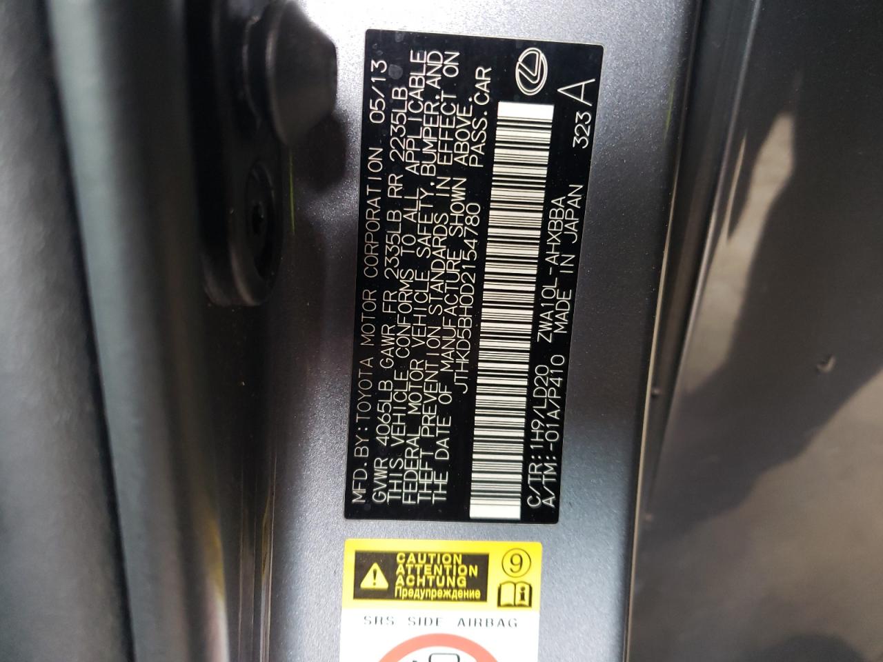 Photo 10 from auction – 2013 LEXUS CT 200 with VIN JTHKD5BH0D2154780