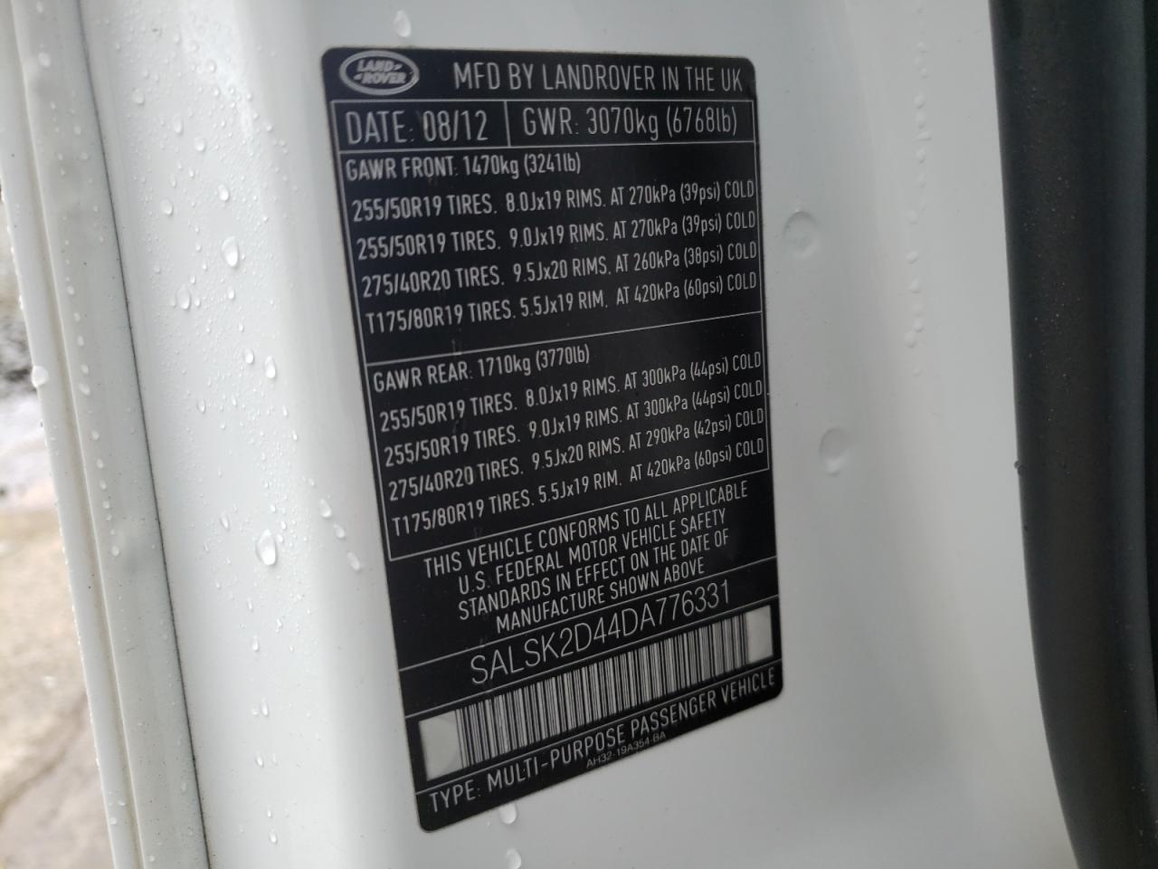 Photo 10 from auction – 2013 LAND ROVER RANGE ROVE with VIN SALSK2D44DA776331