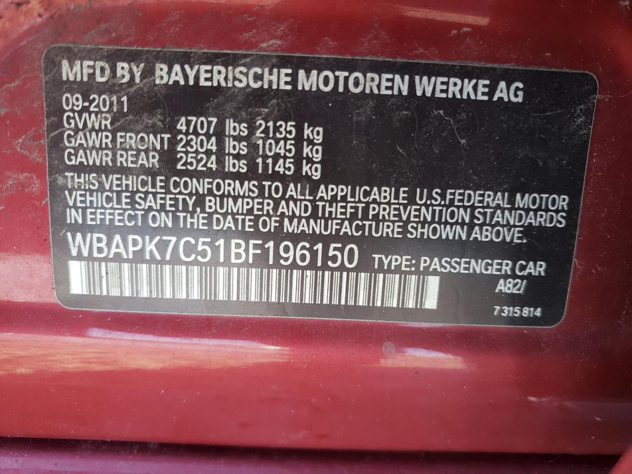 Foto 10 de la subasta – 2011 BMW 328 XI con VIN WBAPK7C51BF196150