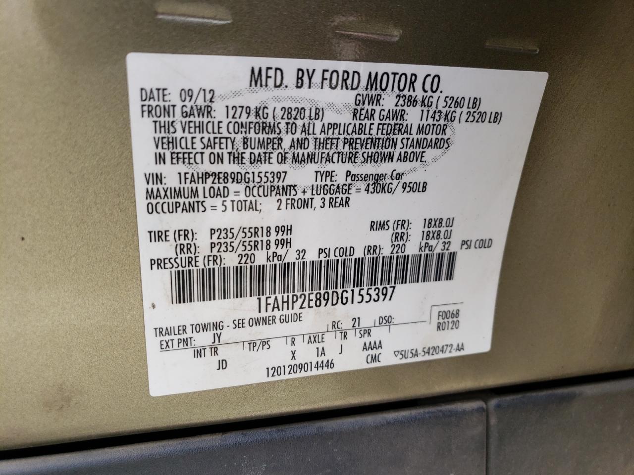 Photo 10 from auction – 2013 FORD TAURUS with VIN 1FAHP2E89DG155397